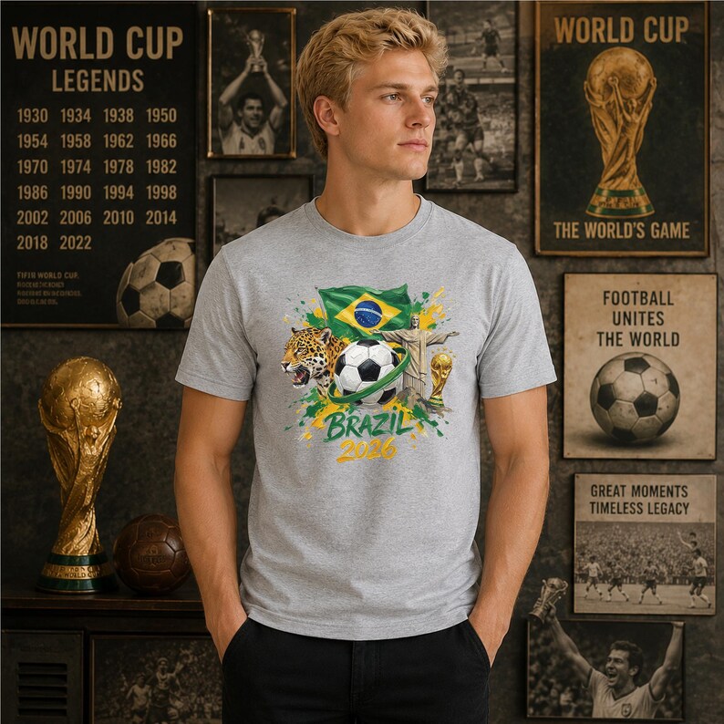 May include: A heather gray t-shirt featuring a graphic print of a soccer ball, a jaguar, the Brazilian flag, the Christ the Redeemer statue, and the World Cup trophy, with the text "BRAZIL 2026" printed in yellow and green below the central design.