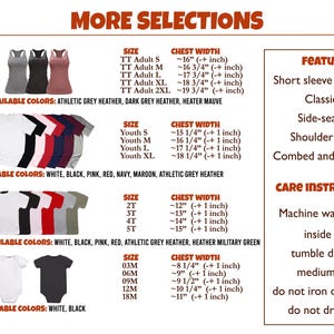 a collection of clothing items, including tank tops and t-shirts, with various sizes and colors available. It also includes care instructions for the clothing items.