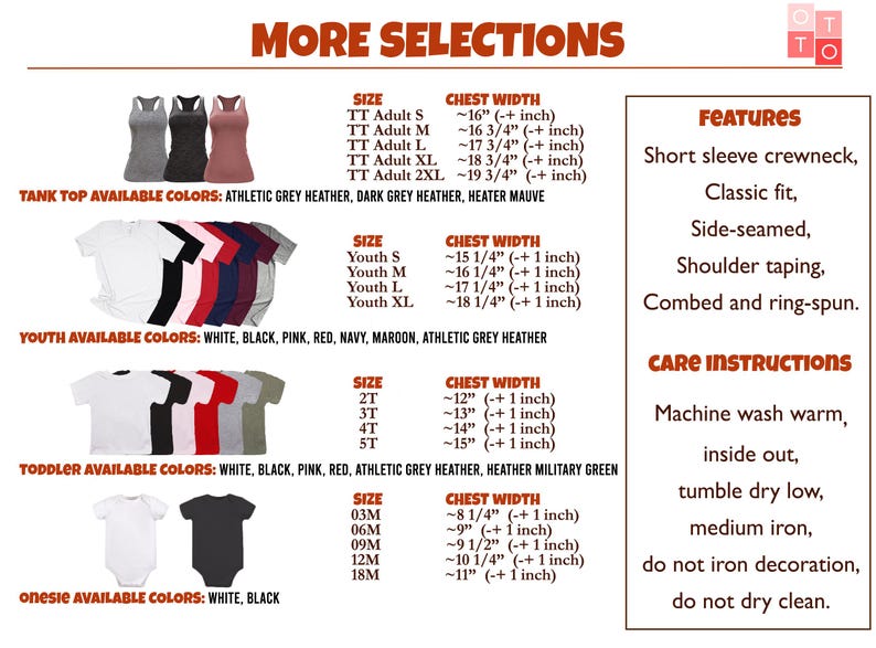 a collection of clothing items, including tank tops and t-shirts, with various sizes and colors available. It also includes care instructions for the clothing items.