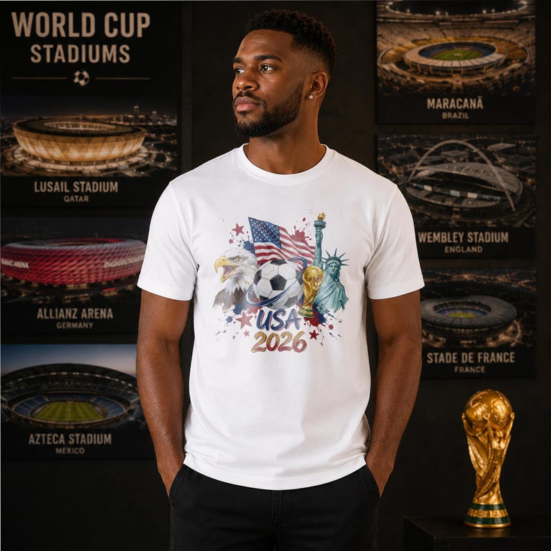 May include: A white short-sleeve t-shirt featuring a graphic print of the American flag, a bald eagle, a soccer ball, a gold trophy, and the Statue of Liberty, with the text USA 2026 printed in a bold, stylized font below the central design.