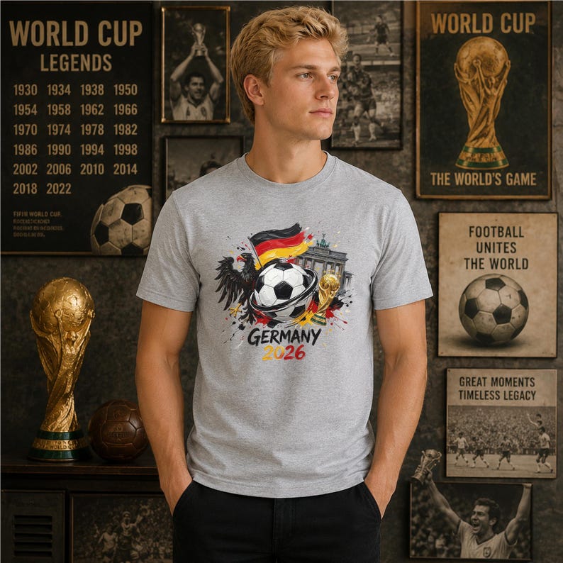 May include: A light gray short-sleeved t-shirt featuring a graphic print of a soccer ball, the German flag, a black eagle, the Brandenburg Gate, and a gold trophy. The text "GERMANY 2026" is printed in black and yellow below the central graphic.