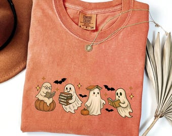 Comfort Colors® Halloween Book Shelf Shirt, Reading Tee, Book Lover Gift, Reading Book Shirt, Ghost Reader Tee, Literature, Boo Shirt, Retro