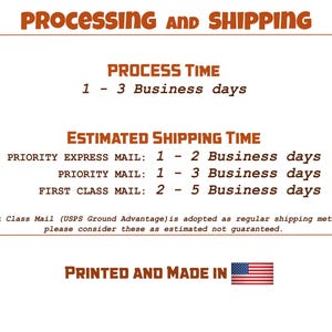 The image is a printed document that provides information about processing and shipping. It includes estimated shipping times for different types of mail, such as priority mail and first class mail, as well as the estimated processing time for business days. The document also mentions that the estimated shipping time is not guaranteed and that the first class mail is adopted as a regular shipping method. The document is printed in the United States and features an American flag.