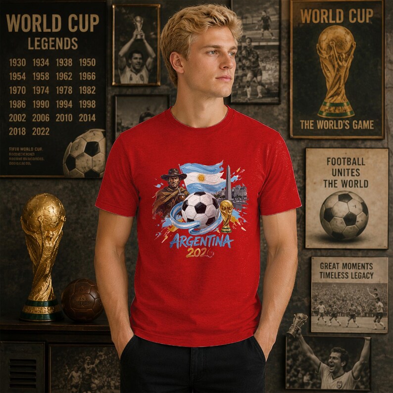 May include: A red short-sleeved t-shirt featuring a graphic print of a person in a hat, the Argentina flag, a soccer ball, the World Cup trophy, and the text Argentina 2025. The design includes blue, white, and yellow paint splatter accents.