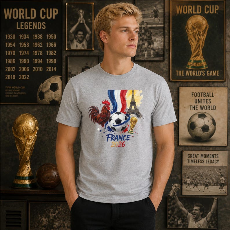 Puede incluir: Una camiseta gris jaspeado de manga corta con un estampado gr&aacute;fico de un gallo, un bal&oacute;n de f&uacute;tbol, la Torre Eiffel y los colores de la bandera francesa. El texto "FRANCE 2026" est&aacute; impreso en letras azules y rojas en la parte delantera.