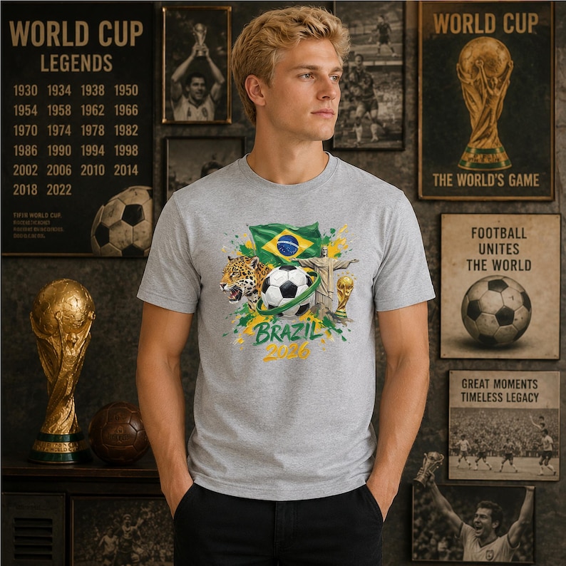 May include: A heather gray t-shirt featuring a graphic print of a soccer ball, a jaguar, the Brazilian flag, the Christ the Redeemer statue, and the World Cup trophy, with the text "BRAZIL 2026" printed in yellow and green below the central design.