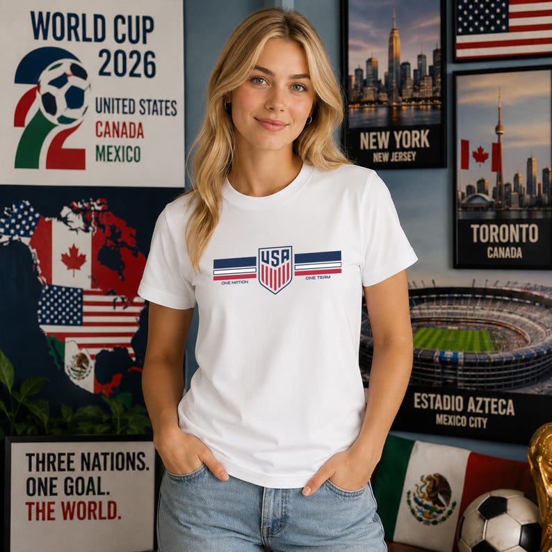 K&ouml;nnte beinhalten: Ein wei&szlig;es kurz&auml;rmeliges T-Shirt mit einer zentralen Grafik, die einen blau-roten Schild mit der Aufschrift USA zeigt, flankiert von horizontalen blauen und roten Streifen sowie dem Text ONE NATION ONE TEAM in kleiner blauer Schrift.