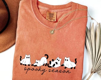 Comfort Colors® Black Cat Ghost Shirt, Funny Halloween T-Shirt, Cute Spooky Tee With Cats And Ghosts, Fall Season Sweatshirt For Women