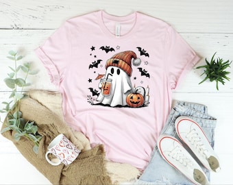 Cute Ghost Drinking Coffee Shirt, Ghost Ice Coffee Shirt, Spooky Season, Fall Coffee Lover Shirt, Halloween Party Shirt, Fall Graphic Shirt