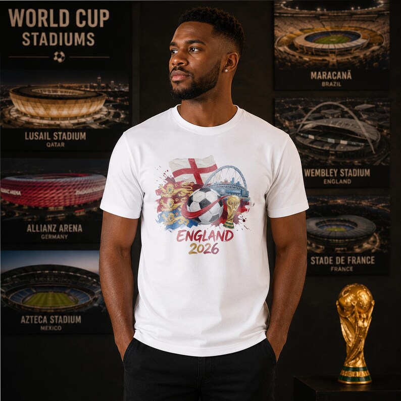 May include: A white short-sleeved t-shirt featuring a graphic print of a soccer ball, the England flag, the Wembley Stadium arch, and a gold trophy. The text "ENGLAND 2026" is printed in red and gold below the central soccer-themed illustration.