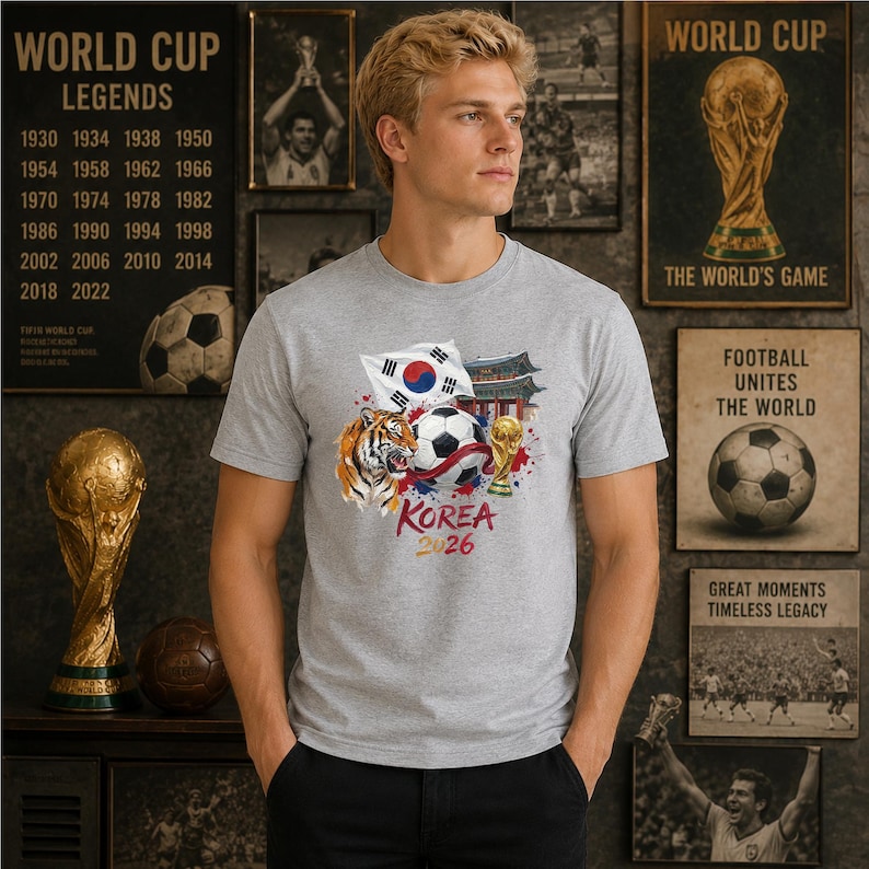 May include: A heather gray t-shirt featuring a graphic print of a soccer ball, a tiger, the South Korean flag, a traditional building, and a gold trophy. The text KOREA 2026 is printed in red and gold below the central soccer ball illustration.