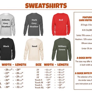 a collection of sweatshirts in various colors and sizes, along with a quick note for sizes and features.