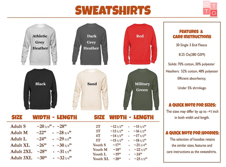 a collection of sweatshirts in various colors and sizes, along with a quick note for sizes and features.