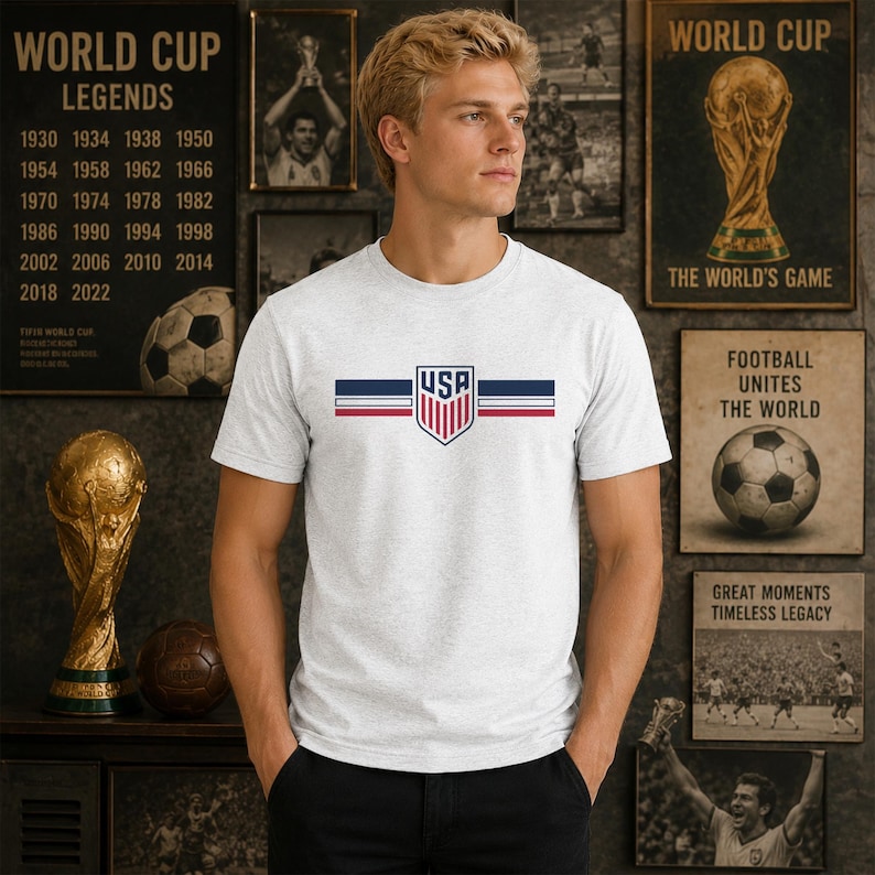 May include: A light gray short-sleeved t-shirt featuring a central graphic of a shield with the text USA above vertical red and white stripes, flanked by horizontal navy blue and red lines on a white background across the chest area.