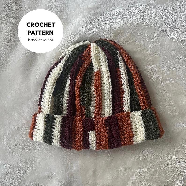 Crochet Pattern Scrap Yarn Ribbed Beanie Adult Winter Hat