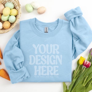 Gildan 18000 Lichtblauw Sweatshirt Mockup, Pasen Flat Lay Crewneck Trui Mockup, 18000 Lente Pasen Sweatshirt Mock, Sweatshirt Mock
