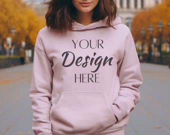 Light Pink Gildan 18500 Mockup, Gildan 18500 Hoodie Mock-Up, Long Sleeve Hoodie Mockup, Oversized Hooded Sweatshirt Mockup, Styled Mockup