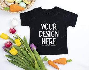 Bella Canvas 3000T Black T-Shirt Mockup, 3001B Spring Easter Black Flat Lay Shirt, Toddler Shirt Spring Style Mock-up, Kids Shirt Mockup