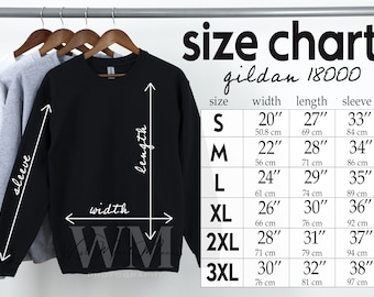 Gildan 18000 Size Chart Mockup, Size Chart Mockup Gildan, Crewneck Mockup Gildan Sweatshirt Size Chart for Gildan 18000, Size Chart G180