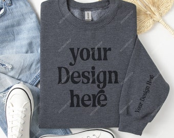 Gildan 18000 Sleeve Sweatshirt Dark Heather Mockup, Clean Flat Lay Sweatshirt Sleeve 18000 Mockup for Embroidery Designs and Print on Demand