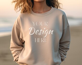 Gildan 18000 Sand Mockup, Gildan Sand Sweatshirt Dames Mockup, Sand Gildan Model Mock, 18000 Crewneck Sand Mockup, Heavy Blend Sweater Sand