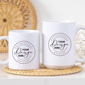 15 oz and 11 oz Coffee Mugs Mockup, 2 Sublimation Mugs Styled Photo, Two Coffee mug Size Comparison, JPG Digital Download