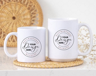 15 oz and 11 oz Coffee Mugs Mockup, 2 Sublimation Mugs Styled Photo, Two Coffee mug Size Comparison, JPG Digital Download