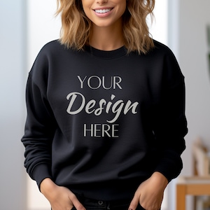 Gildan 18000 Mockup, Black Gildan18000 Sweatshirt Mockup, Black Sweatshirt Model Mockup, Gildan Black Color Woman, 18000 Crewneck Mockup