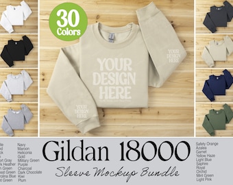 Gildan 18000 Sleeve Sweatshirt Mockup Bundle, Flat Lay Gildan Crewneck Sleeve Mockups on Wood Background, Folded Sweatshirt Mockup Bundle