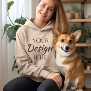 Gildan 18500 Sand Mockup, Gildan 18500 Sand Hoodie Mock-Up model with Dog, Dog Mom Hoodie Mockup, Mockup With Dog, Oversized Hooded Mockup