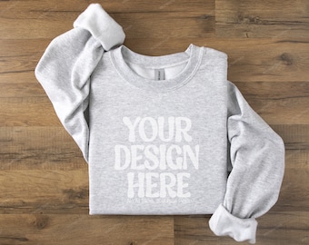 Sweatshirt Mockup, Gildan 18000 Ash Folded Sweatshirt on Wood Floor, Gildan Sweatshirt Mockup, Flat Lay Gildan Oversized Crewneck Mockup