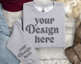 Gildan 18000 Sleeve Sweatshirt Gray Mockup, Sport Gray Gildan Clean Flat Lay Sweatshirt Sleeve Mockup, Sweatshirt Sleeve Folded, Gildan18000