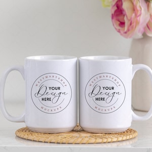Maquete de duas canecas de 15 onças, maquete de caneca de café, 2 canecas de sublimação com estilo de foto, frente e verso, download digital JPG