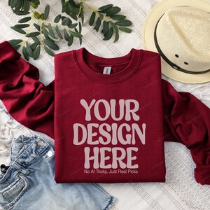 Sweatshirt Mockup, Gildan 18000 Garnet Folded Sweatshirt Boho Style, Gildan Sweatshirt Mockup, Flat Lay Gildan Oversized Crewneck Mock