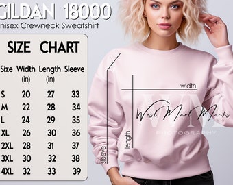 Gildan 18000 Size Chart Mockup, Size Chart Mockup Gildan, Crewneck Gildan Sweatshirt Size Chart for Gildan 18000, Light Pink Gildan Size