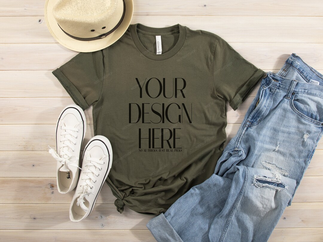 Bella Canvas Mock-up | 3001 Bella Canvas Military Green T-shirt Mockup ...