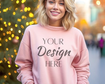 Gildan 18000 Mockup rosa chiaro, Mockup felpa rosa chiaro, modello felpa Mockup, Mockup girocollo Gildan rosa chiaro, rosa chiaro