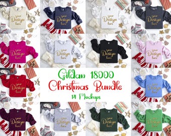 14 x Christmas Gildan 18000 Mockup Bundle, Crewneck Sweatshirt Christmas Mockups, Christmas New Year Gildan Mockups, Winter 18000 Mockup
