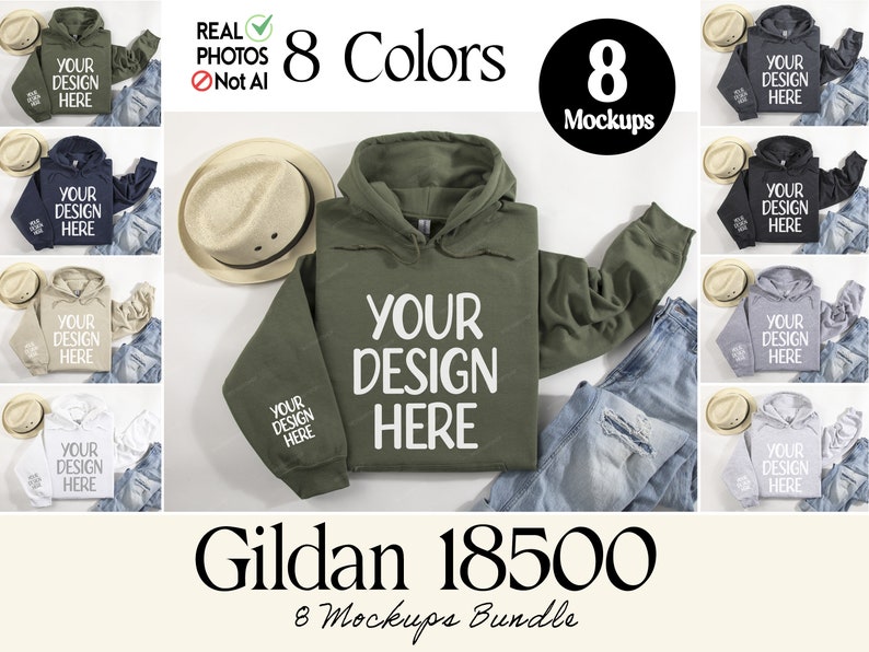 Pode incluir: Oito maquetes de um moletom com capuz Gildan 18500 em v&aacute;rias cores, incluindo preto, cinza, branco e verde. Cada maquete apresenta o moletom com capuz colocado sobre uma superf&iacute;cie branca com um par de jeans e um chap&eacute;u de palha. O texto "YOUR DESIGN HERE" est&aacute; impresso na parte frontal do moletom com capuz.