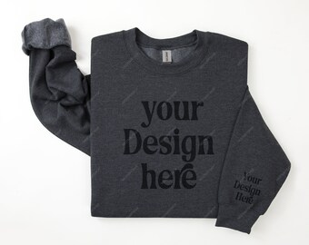 Gildan 18000 Dark Heather Sleeve Sweatshirt Mockup, Heather Flat Lay Folded Sweatshirt Sleeve & Wrist Print on Demand Mock, Gildan Flatlay