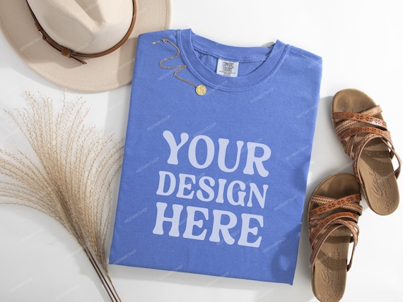 Comfort Colors 1717 Flo Blue Mockup, Comfort Colors Flat Lay Mock up, CC 1717 Mock, Boho Flat lay Shirt, Folded Comfort Color Shirt Mock