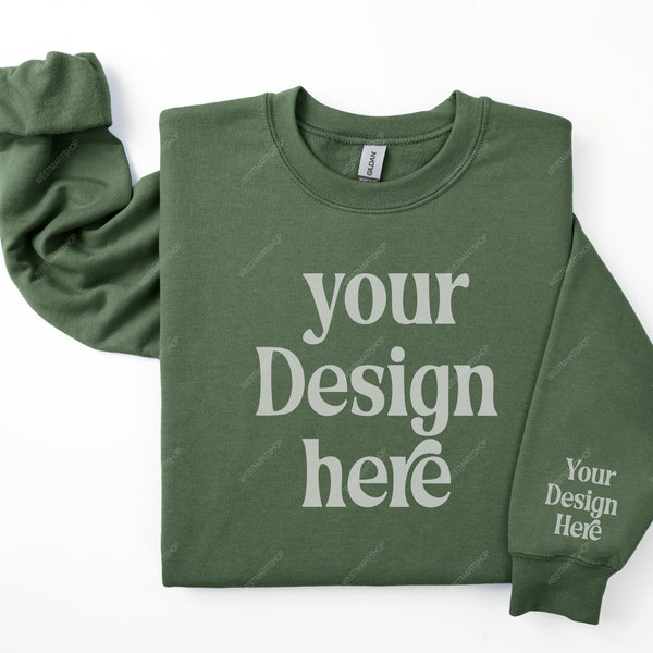 Gildan 18000 Military Green Sleeve Sweatshirt Mockup, Military Green Flat Lay Folded Sweatshirt Sleeve & Wrist Print on Demand Mock