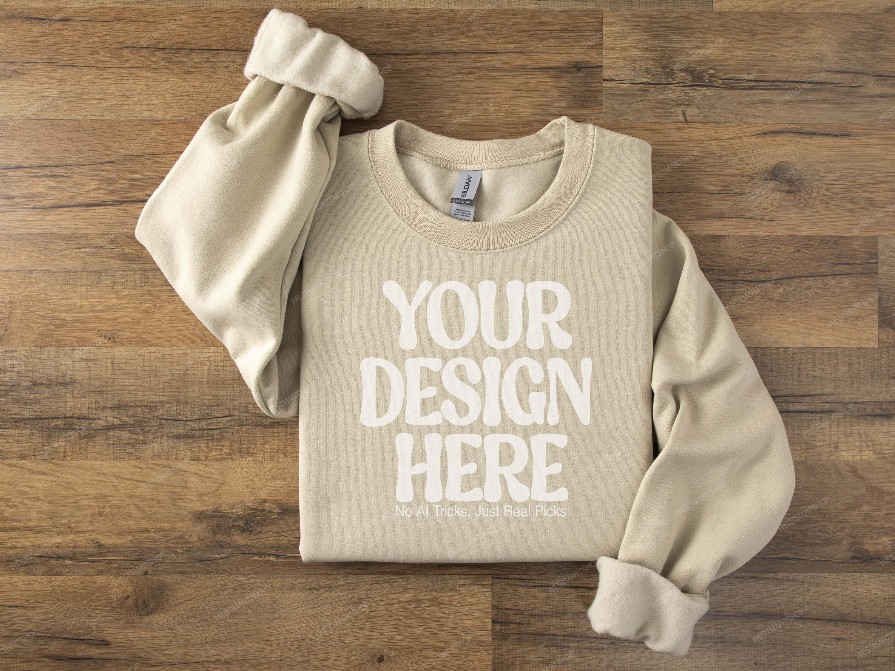 Sweatshirt Mockup, Gildan 18000 Sand Folded Sweatshirt on Wood Floor, Gildan Sweatshirt Mockup, Flat Lay Gildan Oversized Crewneck Mockup
