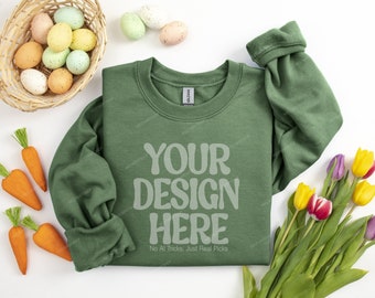 Gildan 18000 Military Green Sweatshirt Mockup, Easter Flat Lay Crewneck Sweater Mockup, 18000 Spring Easter Sweatshirt Mock, Sweatshirt Mock