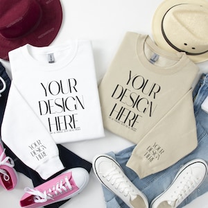 Gildan 18000 Sleeve Sand and White Couple Sweatshirt Mockup, Gildan Crewneck Mockups, Fall Couple Folded Gildan Sleeve Sweatshirt Flat lay