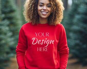 Gildan 18000 Red Mockup, Frau Gildan Red Sweatshirt Mockup, Sweatshirt Modell Mockup, Gildan Red Farbe, 18000 Crewneck Mockup