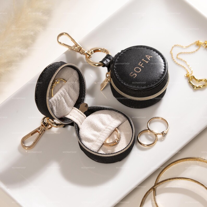 Mini Ring Holder Travel Jewelry Box, Personalized Leather Jewelry Case, AirTag Leather Keychain Holder, Custom Gym Small Jewelry Case image 8