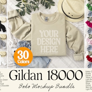 Sweatshirt Mockup Bundle, Gildan 18000 Crewneck Mockup Boho Style, Gildan Bundle Flat Lay Folded Sweatshirt Mockup, G18000 Mockup Bundle