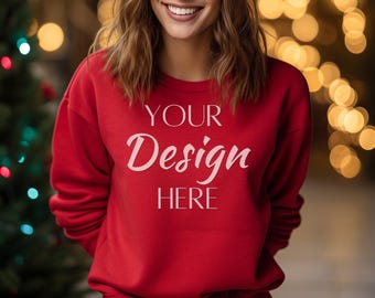 Gildan 18000 Mockup, Red Gildan Woman Sweatshirt Mockup, Sweatshirt Model Mockup, Gildan 18000 Red Color, Red 18000 Crewneck Mockup