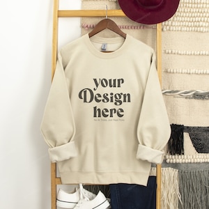 Gildan 18000 Sand Front Crewneck Sweatshirt Mockup, 18000 Sand Hanging Simple Boho Crewneck Sweatshirt Mockup, Hanging Sweater Boho style